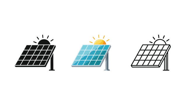 Three solar panel icons in varying styles silhouette color and outline