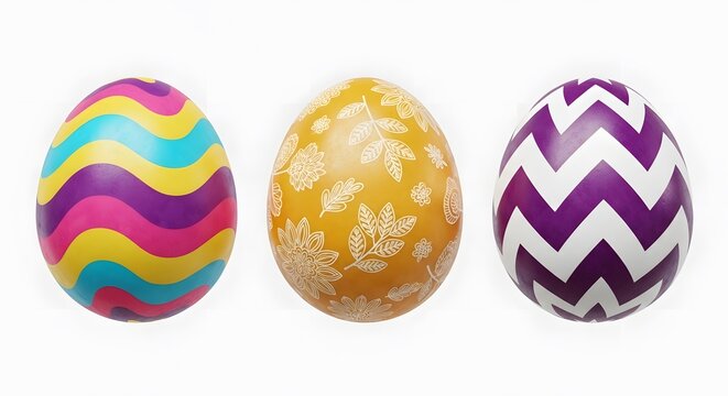 Three decorative easter eggs with colorful patterns isolated on white background