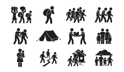Refugee crisis and migration displacement pictogram icon collection © MstMili
