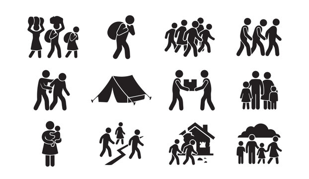 Refugee crisis and migration displacement pictogram icon collection