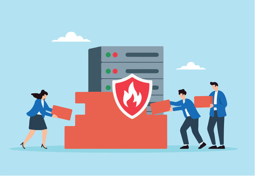 Flat illustration of people building firewall brick wall to secure server and prevent hacking and data breaches