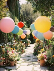 Naklejka premium Colorful Balloon Decorations Surround a Floral Arrangement in an Outdoor Setting During Daytime