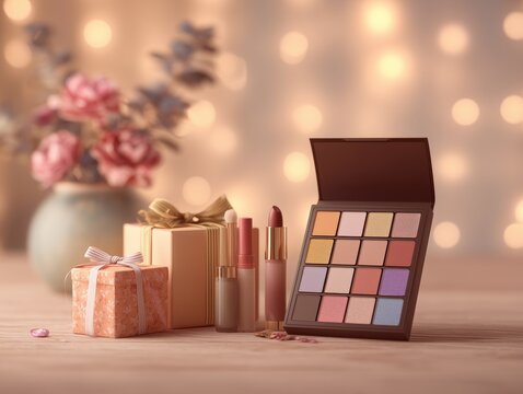 Beauty Products Arranged on a Wooden Table With Flowers and Gifts in a Soft Light Setting