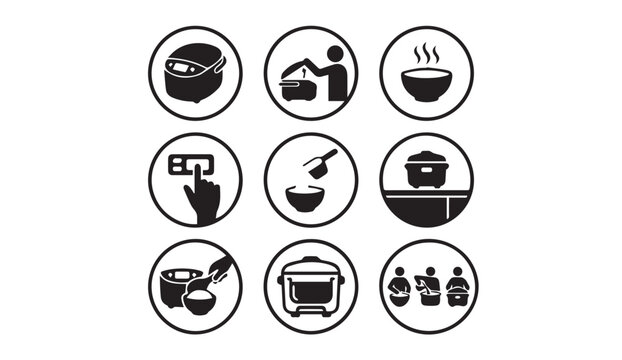 Rice cooker preparation instruction icons with steam bowl and washing steps