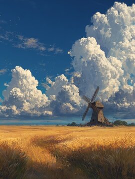 Windmill Stands in Golden Field Under Blue Sky With White Clouds Near the Coast at Midday