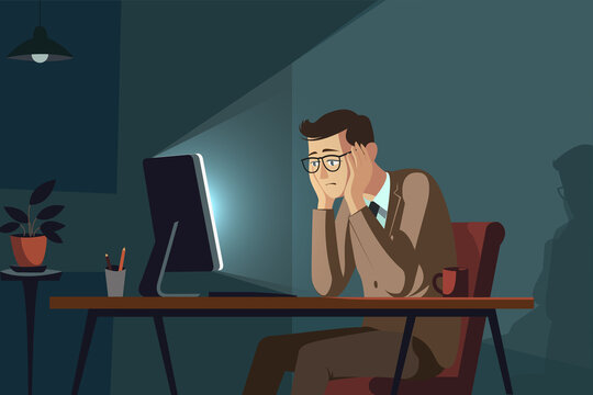 Businessman procrastinating and avoiding work tasks in office, productivity problem concept, flat vector illustration