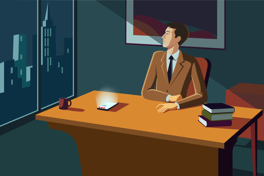 Businessman ignoring smartphone notifications at work, digital fatigue concept, flat vector illustration