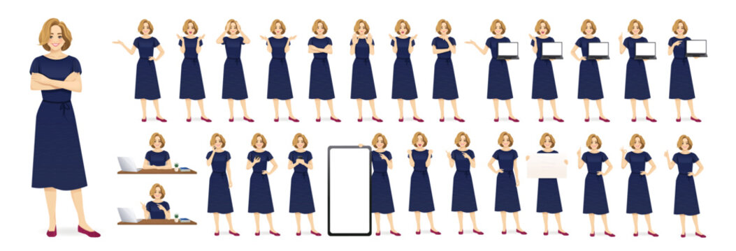 Big set of beautiful business blond woman in different poses. Various gestures female character standing and sitting at the desk isolated vector illustration