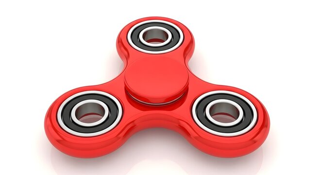 3D red fidget spinner toy isolated on white background, minimalist design for stress relief and focus