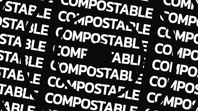 Rotating circular text animation displaying compostable term arranged in concentric motion with central empty space for overlay content.