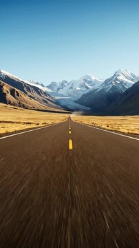 Scenic Road Trip Adventure featuring a long highway leading towards majestic snow-capped mountains, ideal for travel vlogs and automotive commercials. Vertical. Video. Portrait Orientation.