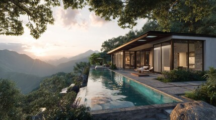 Fototapeta premium A modern house with a pool overlooking a serene mountain landscape at sunset