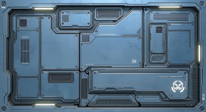 Futuristic blue metallic panel with various compartments and a white logo on the bottom right corner surface