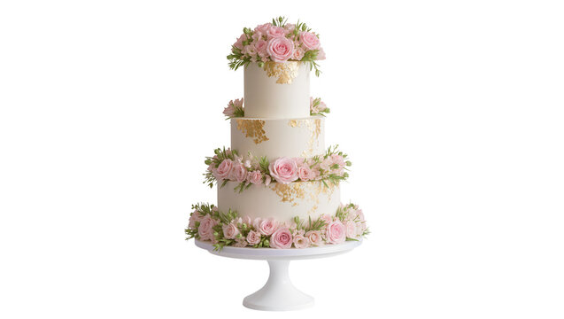 Elegant three-tiered wedding cake adorned with pink roses and gold leaf accents resting on a white stand, isolated on transparent background
