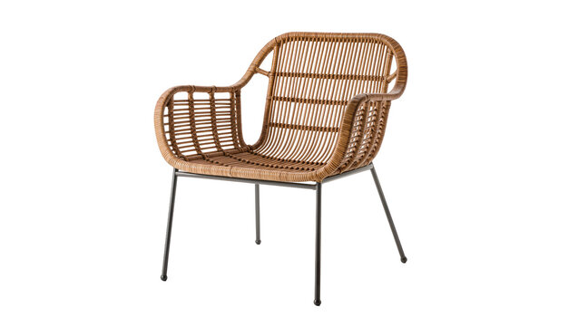 Brown rattan chair with black legs isolated on transparent background