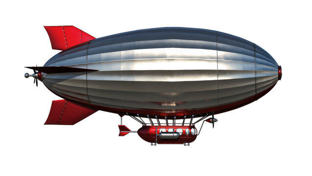 Silver and red blimp with detailed gondola and fins, isolated on transparent background