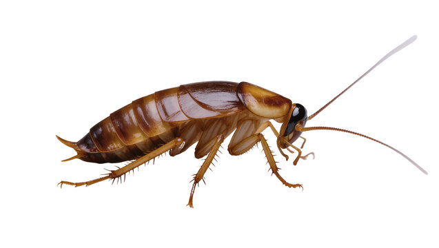 Brown American cockroach with long antennae segmented body, isolated on transparent background