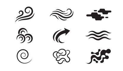 Naklejka premium Black wind wave and cloud icons set isolated on white background