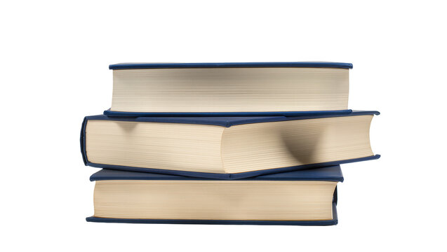 Three stacked blue hardcover books, isolated on transparent background
