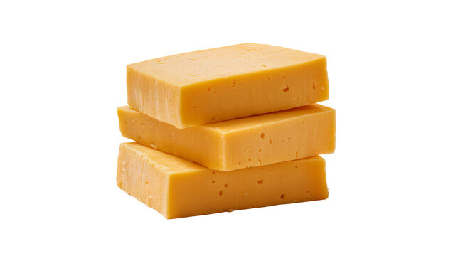 Stacked orange cheddar cheese blocks, isolated on transparent background for food