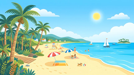 Obraz premium Tropical beach scene with palm trees, sunny sky, sandy shore, and vacation activities