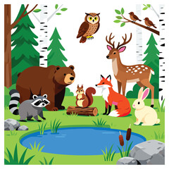 Naklejka premium Forest animals gathered near a pond in a serene natural setting during daytime