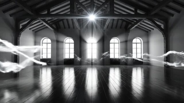 Dancers perform in an empty room with arched windows and wooden beams.
