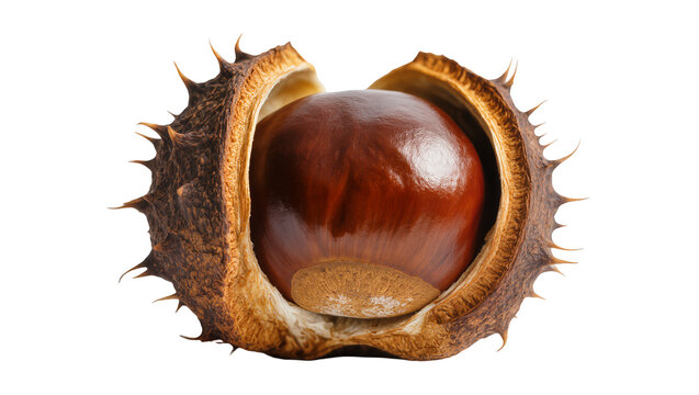 Spiky chestnut husk opened brown conker inside, isolated on transparent background