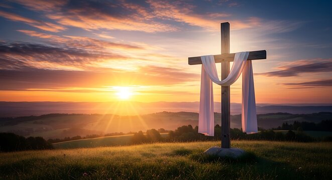 A spiritual silhouette of a stone cross stands on a hill against a vibrant sunset sky, symbolizing faith and the resurrection of Christ in a religious cemetery setting