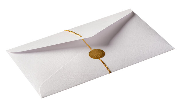 White envelope with golden string and wax seal, isolated on transparent background