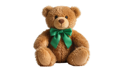 Fototapeta premium Brown plush teddy bear with a bright green satin bow isolated on transparent background, for children s gifts
