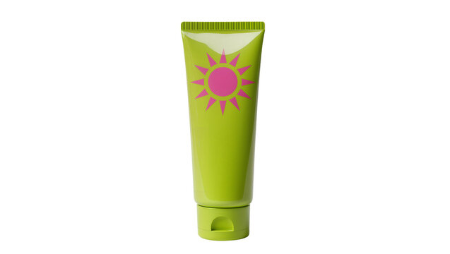 Lime green sunscreen tube featuring a pink sun, isolated on transparent background