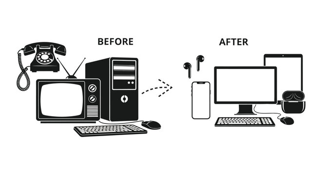 Technological evolution from outdated devices to modern counterparts is visually represented in black silhouette high quality professional detailed elegant stylish clean