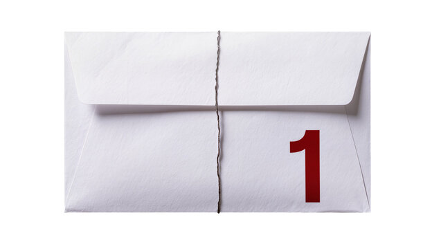 White envelope torn with red number 1, isolated on transparent background