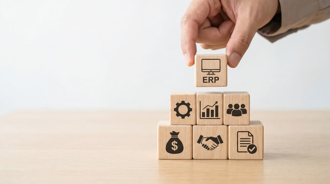 Hand placing a wooden block with erp icon on top of a pyramid of business icons
