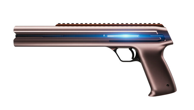 Sleek futuristic pistol with glowing blue light, isolated on transparent background