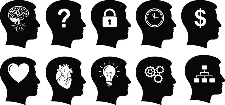Human head silhouettes with brain heart gears light bulb icons, psychology vector illustration, cognition artwork, mental thought design pattern