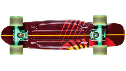 Vibrant red and yellow patterned plastic skateboard with mint green trucks and wheels, isolated on transparent background © Dan