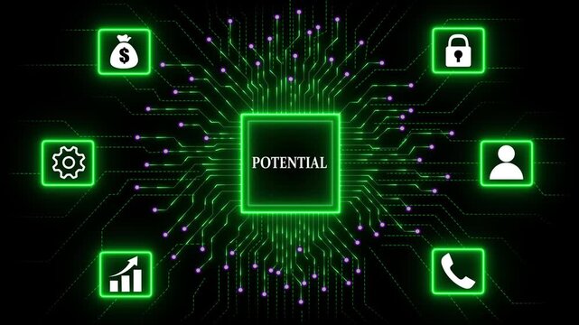 Potential  Technology Network with Data Security and Automation. Potential  Return on investment financial growth concept. Abstract glowing green circuit board background. 4k video