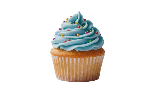 Golden vanilla cupcake with swirled blue frosting and colorful sprinkles, isolated on transparent background