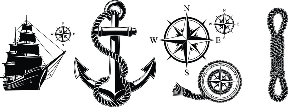 Sailing ship anchor compass rope nautical icons, maritime vector illustration, ocean artwork, navigation design pattern, seafaring exploration symbol