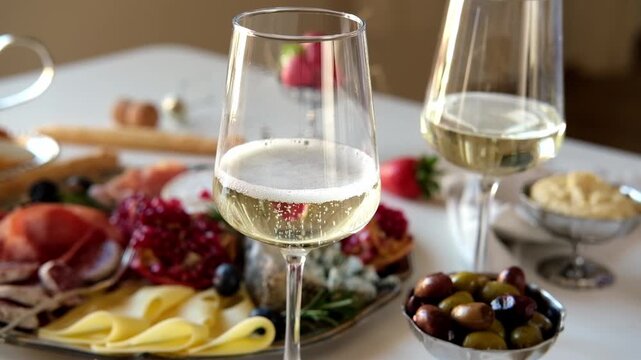 White wine , champagne or Prosecco into a glass from a bottle for an aperitif	