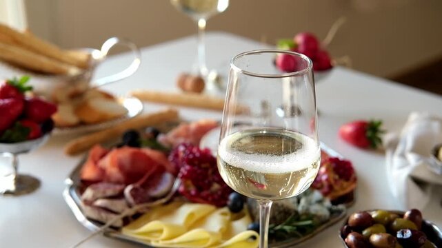 White wine , champagne or Prosecco into a glass from a bottle for an aperitif	
