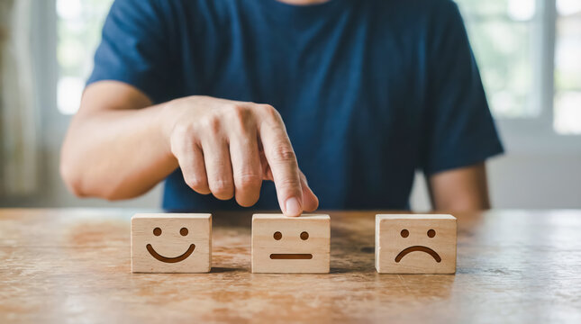 Customer experience concept, hand choosing a neutral face wooden block on a table