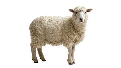 Fototapeta premium White fluffy woolly sheep standing calmly looking forward, isolated on transparent background