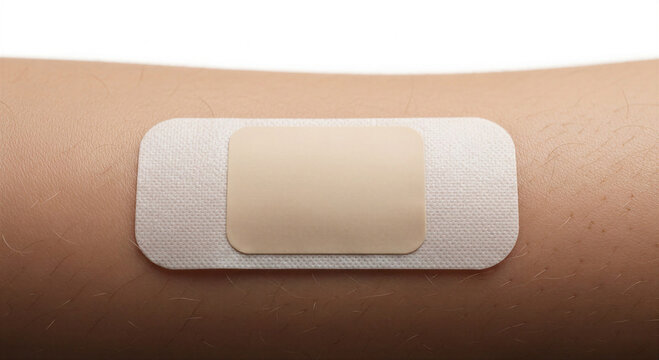 Nicotine patch application on arm, promoting health and wellness, studio background
