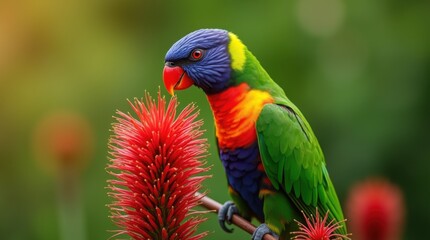 Fototapeta premium Rainbow lorikeet feeding on red bottlebrush flower nectar bokeh green background wild nature close-up 