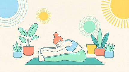 Fototapeta premium Illustration of a young woman practicing yoga stretching pose surrounded by green potted plants and sunlight