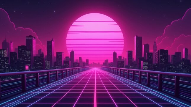 Retrowave neon grid road leading to glowing purple pink city skyline silhouette giant sun horizon 80s illustration
