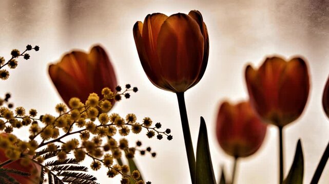 Orange tulips arranged with mimosa branches and ferns. Vibrant spring flower bouquet. Floral composition evoking renewal and natural beauty for seasonal decor
